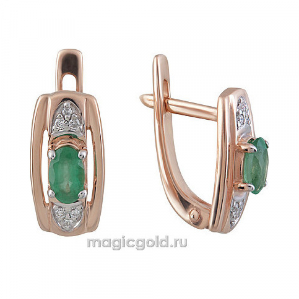 Золотые серьги с бриллиантом и изумрудом № 161986