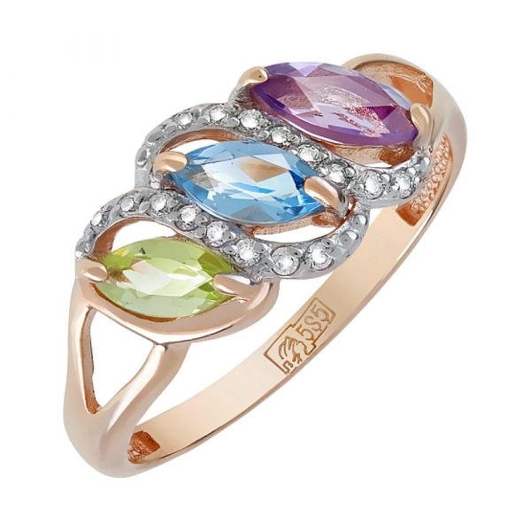 Золотое кольцо с полудрагоценными вставками и фианитом № 120429