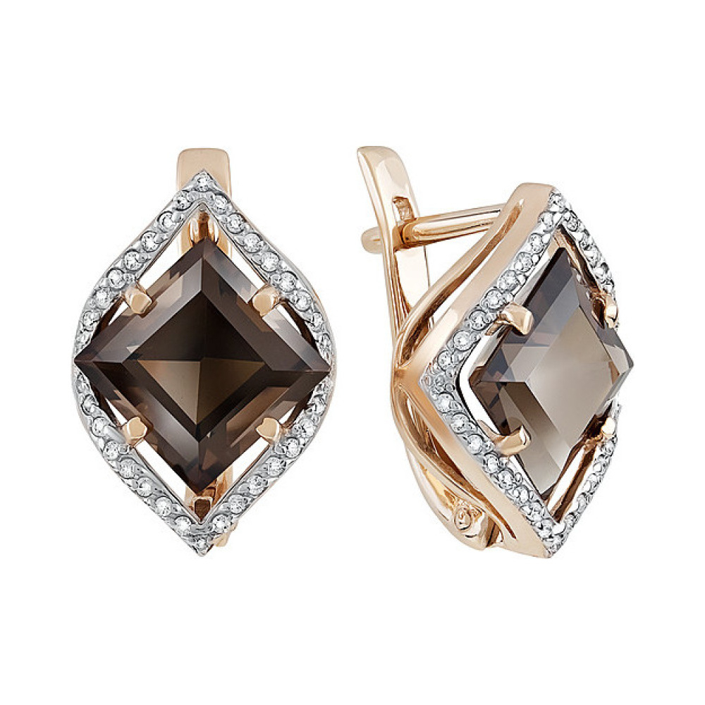 Золотые серьги с раухтопазом и фианитом № 131875