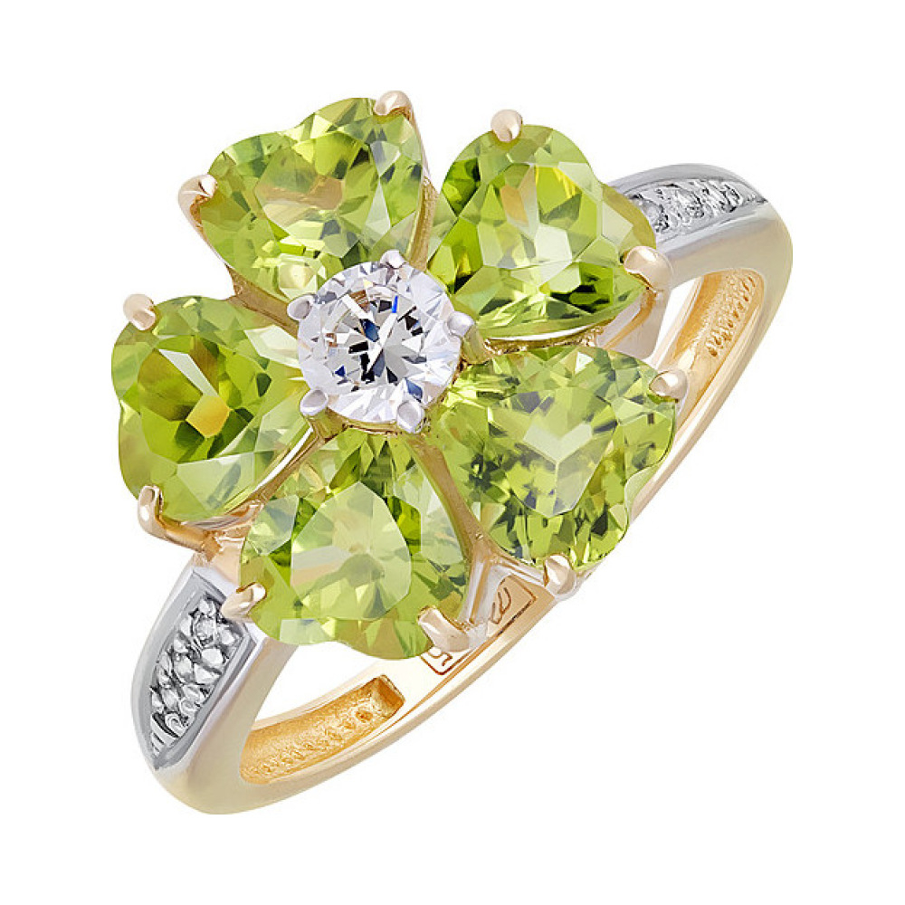 Золотое кольцо с хризолитом и фианитом № 123628