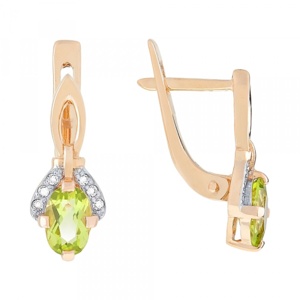 Золотые серьги с хризолитом и фианитом № 101026