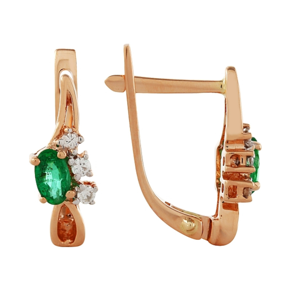 Золотые серьги с бриллиантом и изумрудом № 99132