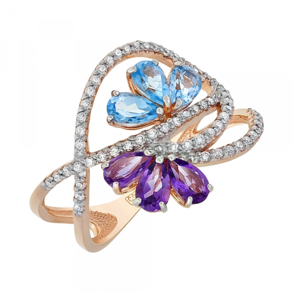 Золотое кольцо с топазом, аметистом и фианитом № 112154