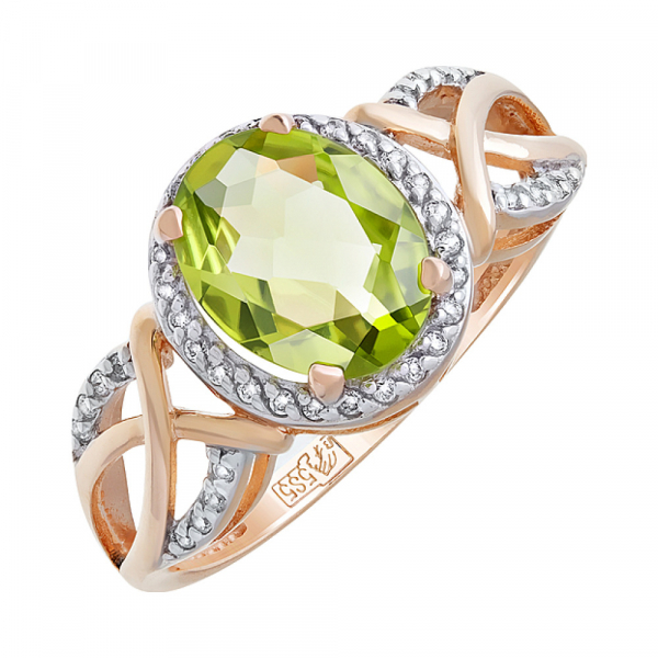 Золотое кольцо с хризолитом и фианитом № 121101