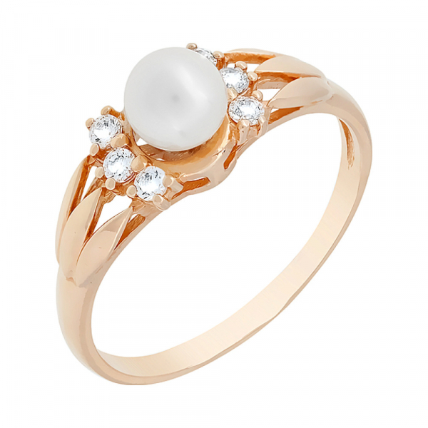 Золотое кольцо с жемчугом и фианитом № 74154