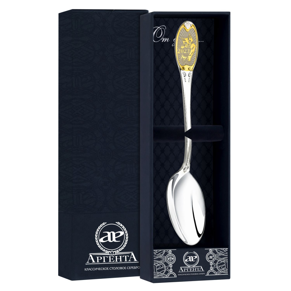 Ложка чайная с логотипом Кот с позолотой в футляре из серебра 925 пробы подарок на Новый Год