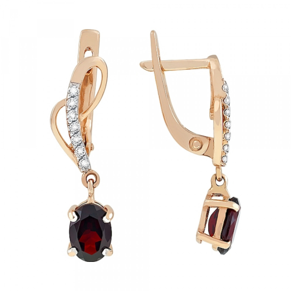 Золотые серьги с гранатом и фианитом № 77059
