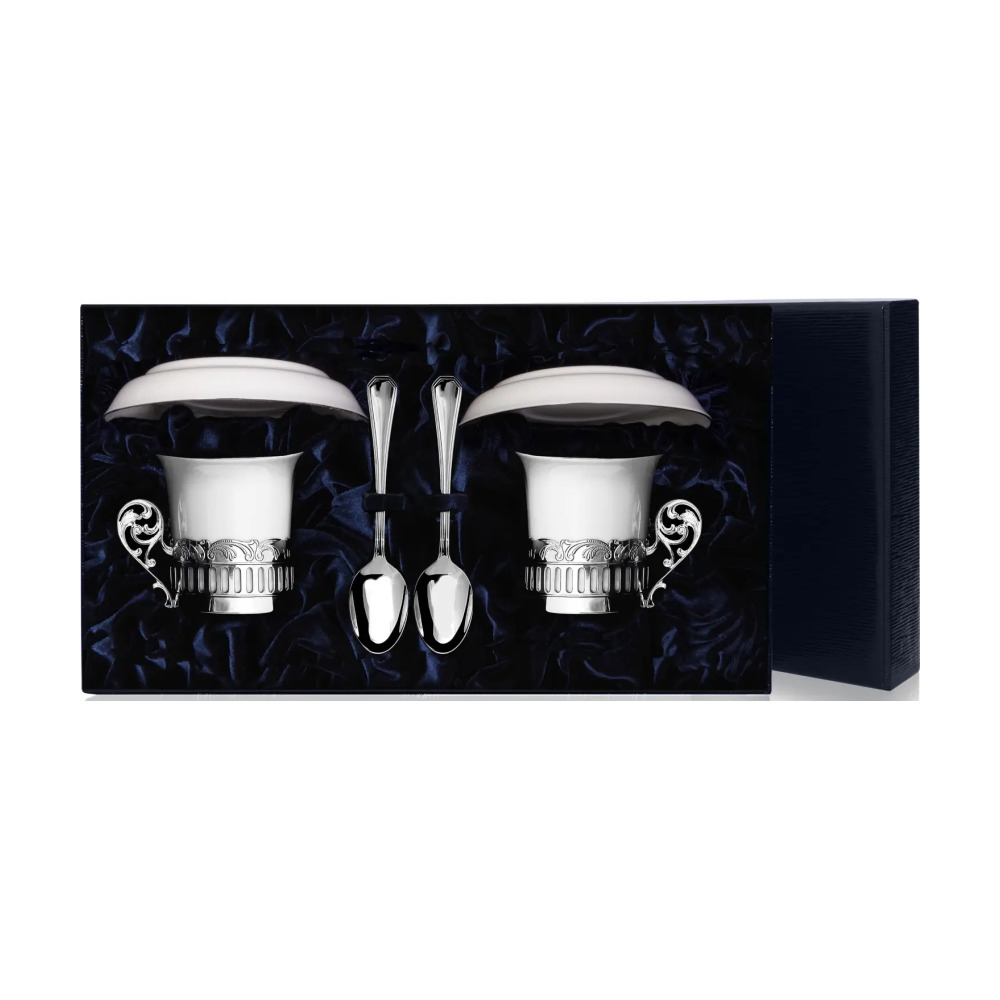 Набор кофейных чашек Богема: блюдце, ложка, чашка из серебра 925 пробы