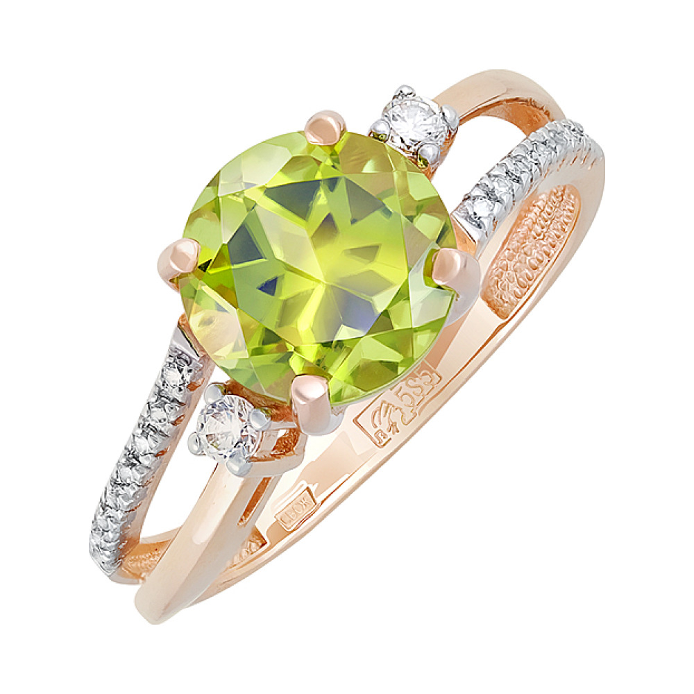 Золотое кольцо с хризолитом и фианитом № 123091