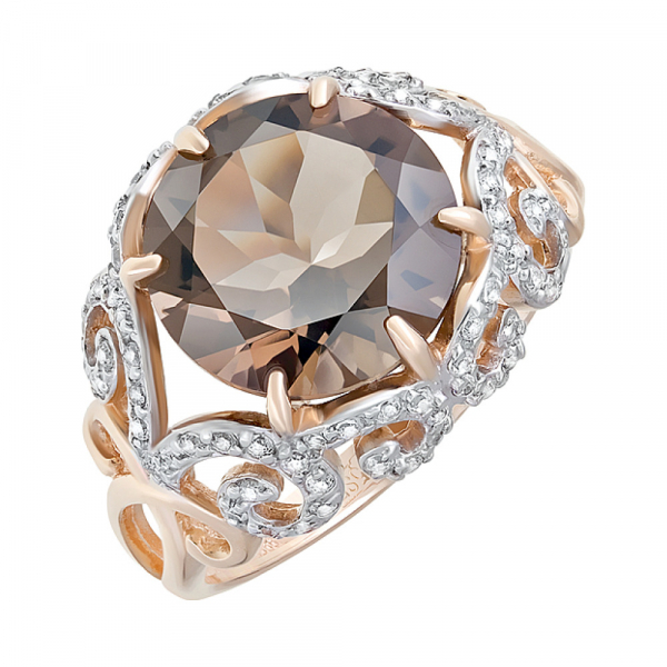 Золотое кольцо с раухтопазом и фианитом № 124135