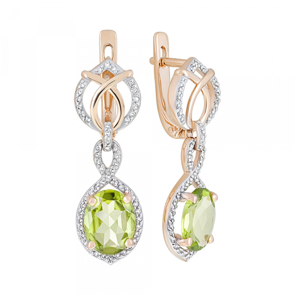 Золотые серьги с хризолитом и фианитом № 121104