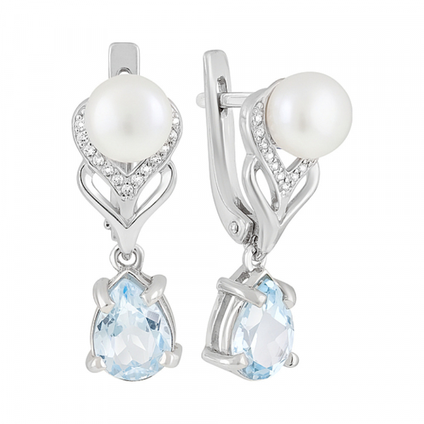 Серебряные серьги с топазом, жемчугом и фианитом № 126636