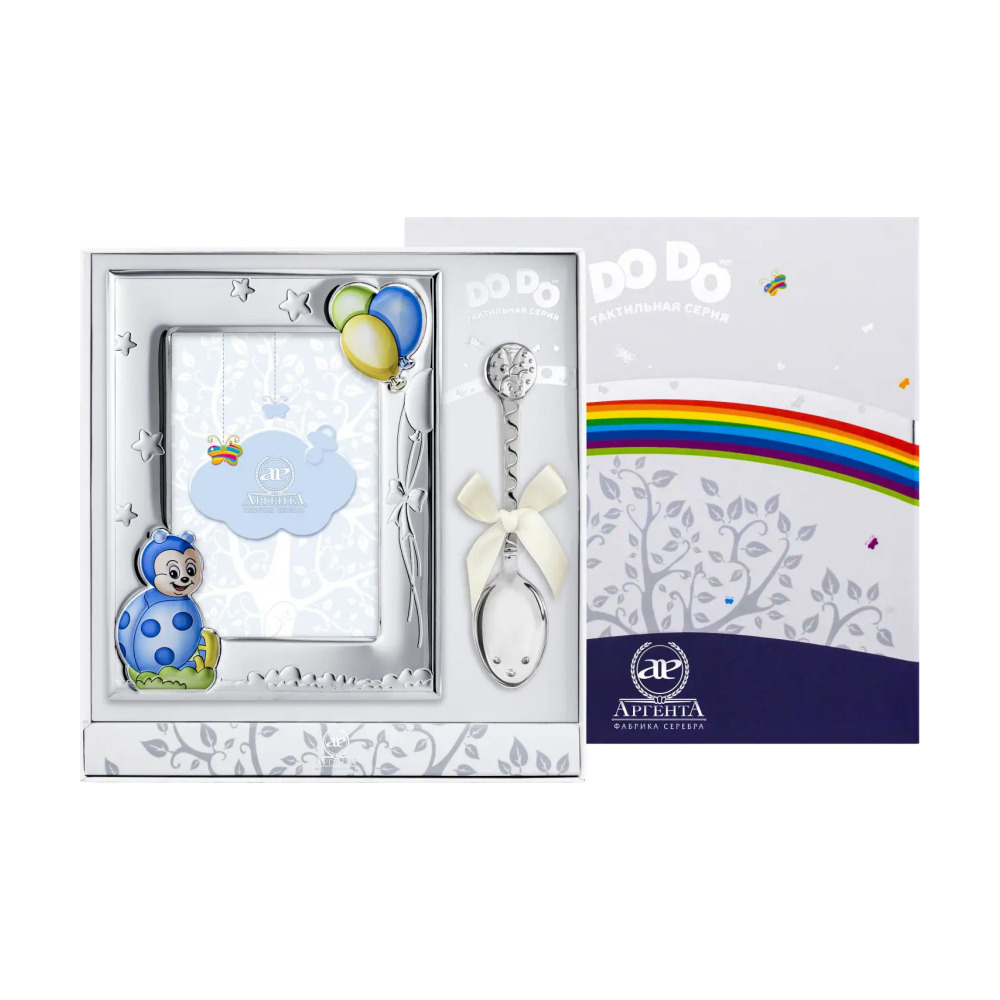 Набор детский DODO Божья коровка: ложка и рамка, голубая из серебра 925 пробы