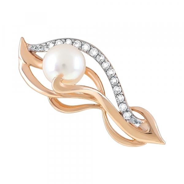 Золотая брошь с жемчугом и фианитом № 120748