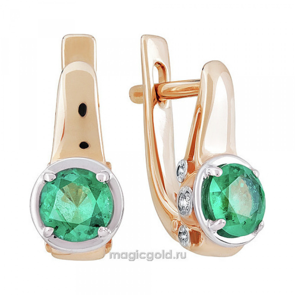 Золотые серьги с бриллиантом и изумрудом № 142006