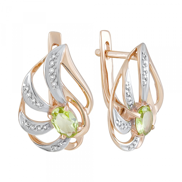 Золотые серьги с хризолитом и фианитом № 126538