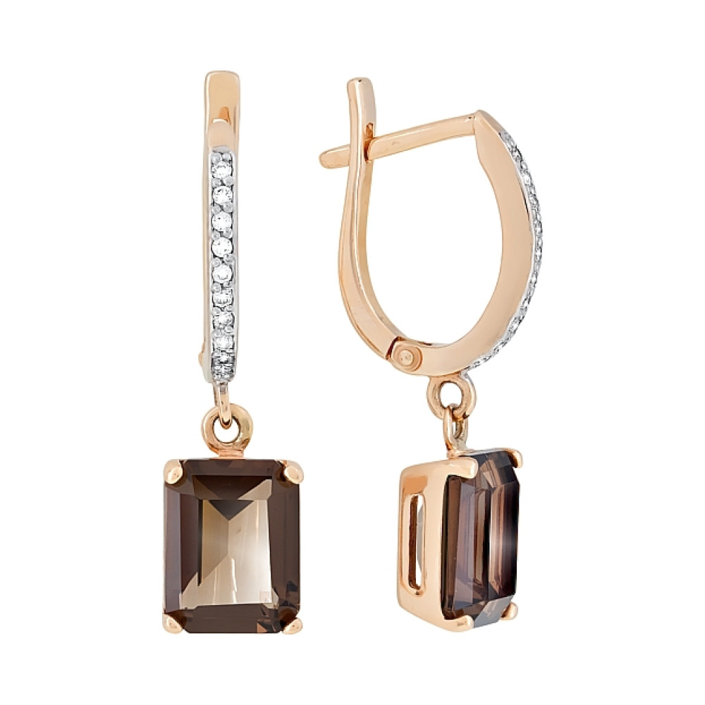 Золотые серьги с раухтопазом и фианитом № 105695