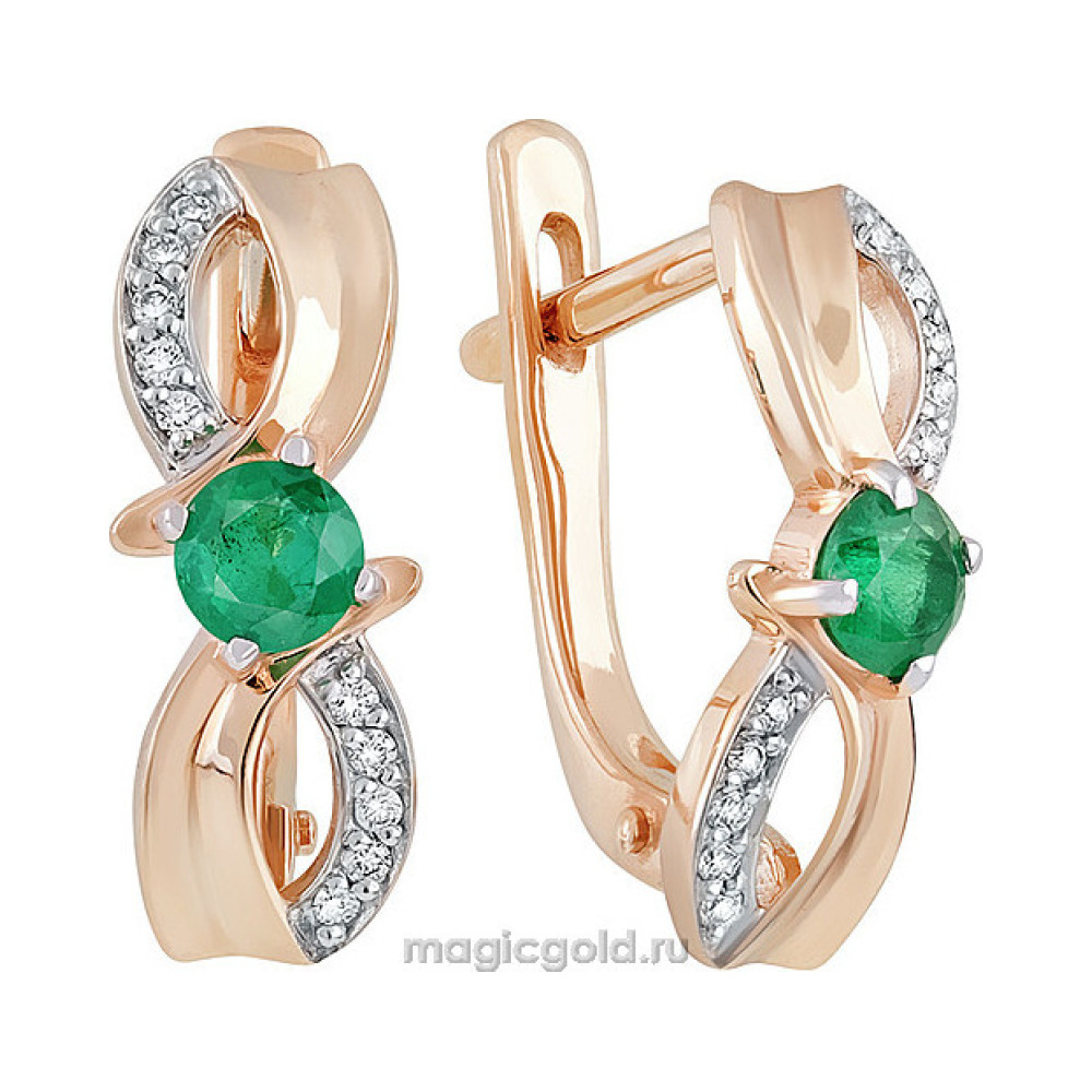 Золотые серьги с бриллиантом и изумрудом № 139274