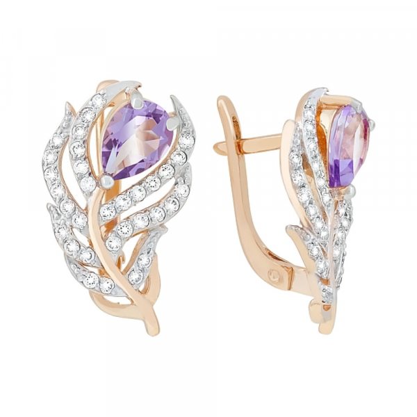 Золотые серьги с аметистом и фианитом № 117484