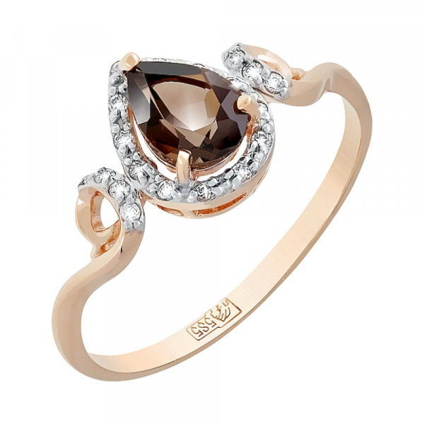 Золотое кольцо с раухтопазом и фианитом № 117740