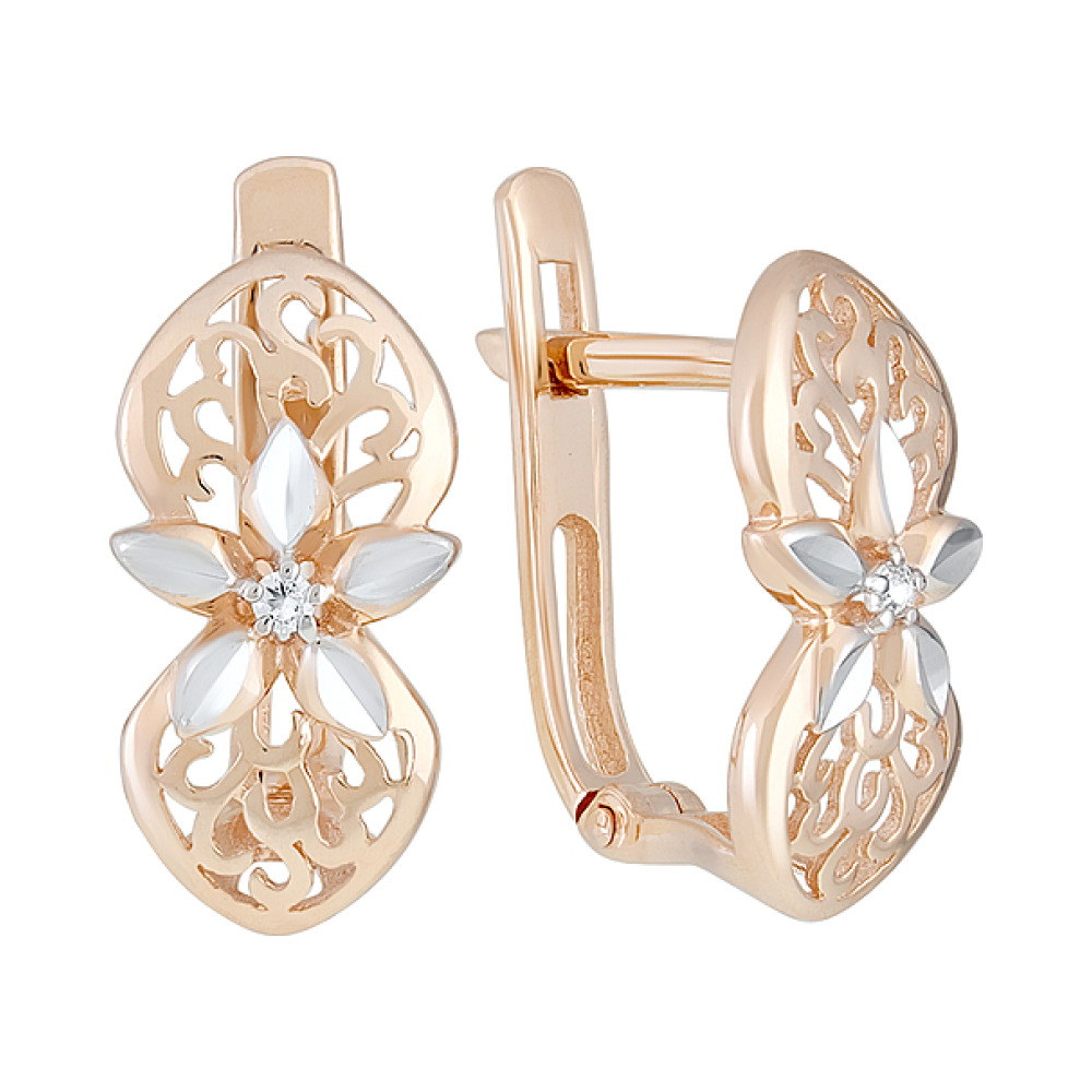 Золотые серьги с фианитами и алмазкой № 129237