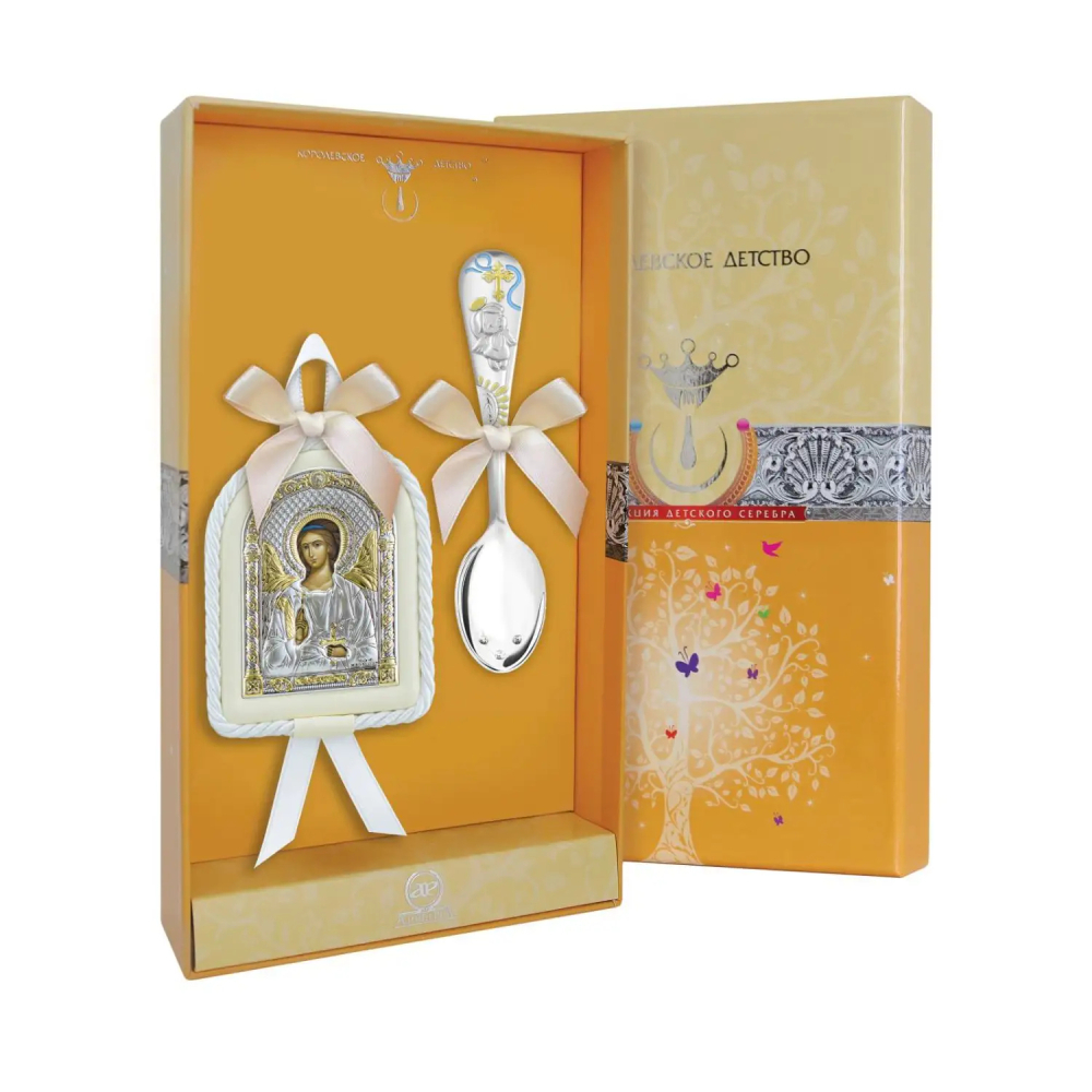 Набор детский Ангел Хранитель: икона белая, ложка с эмалью из серебра 925 пробы