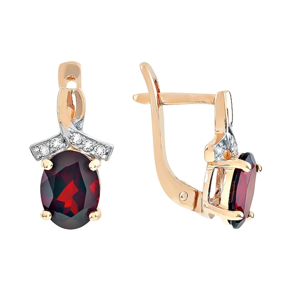 Золотые серьги с гранатом и фианитом № 76080
