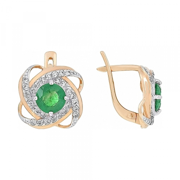Золотые серьги с изумрудом и фианитом № 105626