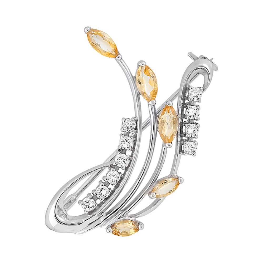 Серебряная брошь с цитрином и фианитом № 123899