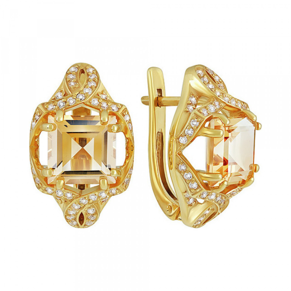 Серебряные серьги с цитрином,  фианитом и золотым покрытием № 133939