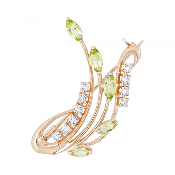 Золотая брошь с хризолитом и фианитом № 122969