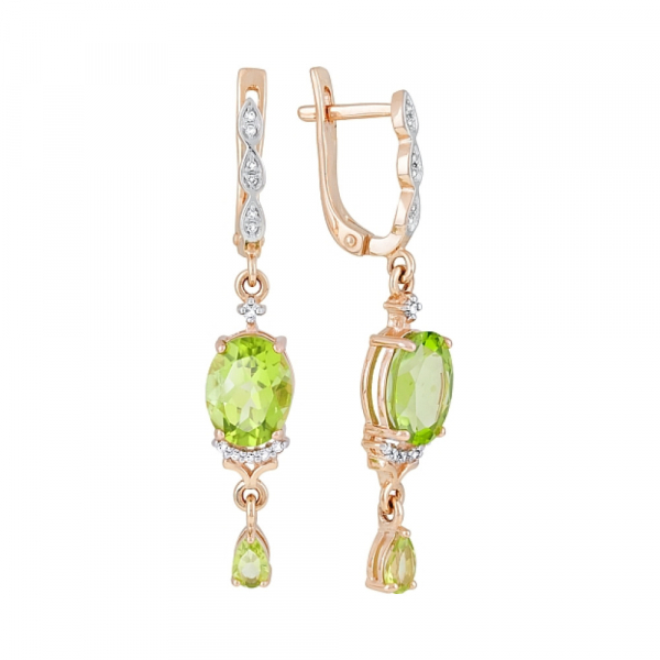 Золотые серьги с хризолитом и фианитом № 119440