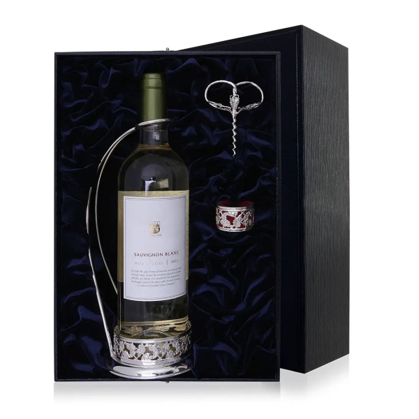 Набор Виноград: кольцо для бутылки, подставка,штопор из серебра 925 пробы