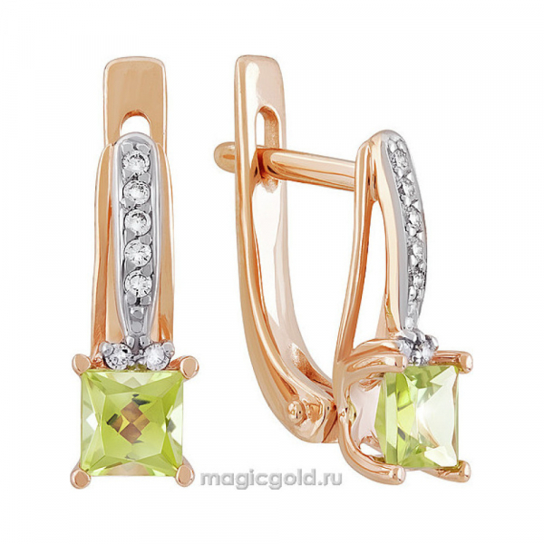 Золотые серьги с хризолитом и фианитом № 139806