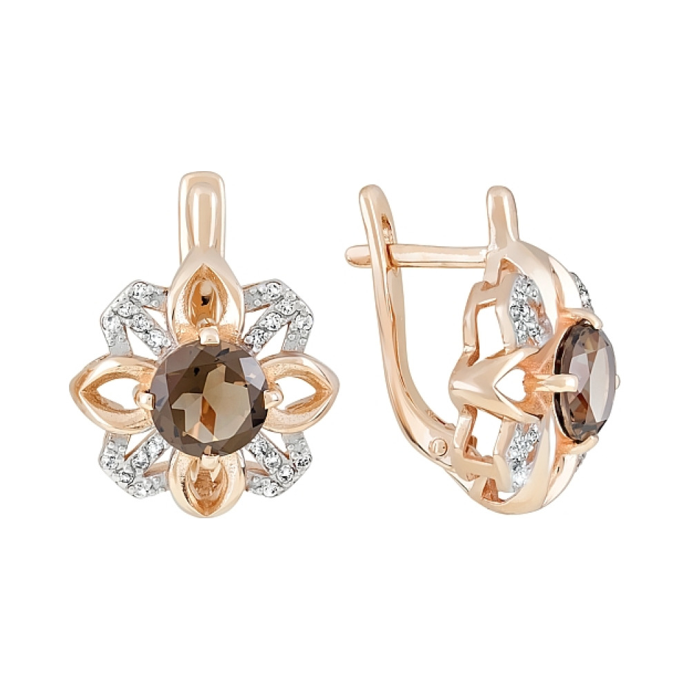 Золотые серьги с раухтопазом и фианитом № 119342