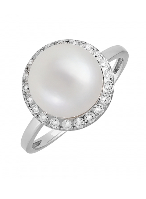 Серебряное кольцо с жемчугом и фианитом № 131607
