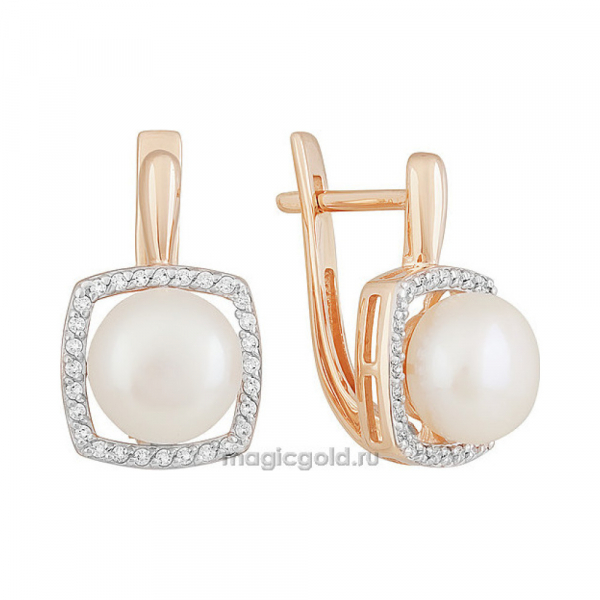 Золотые серьги с жемчугом и фианитом № 151366