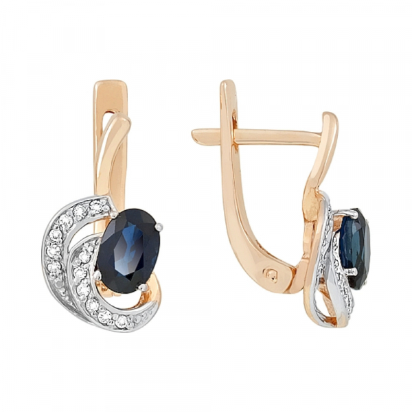 Золотые серьги с бриллиантом и сапфиром № 111650