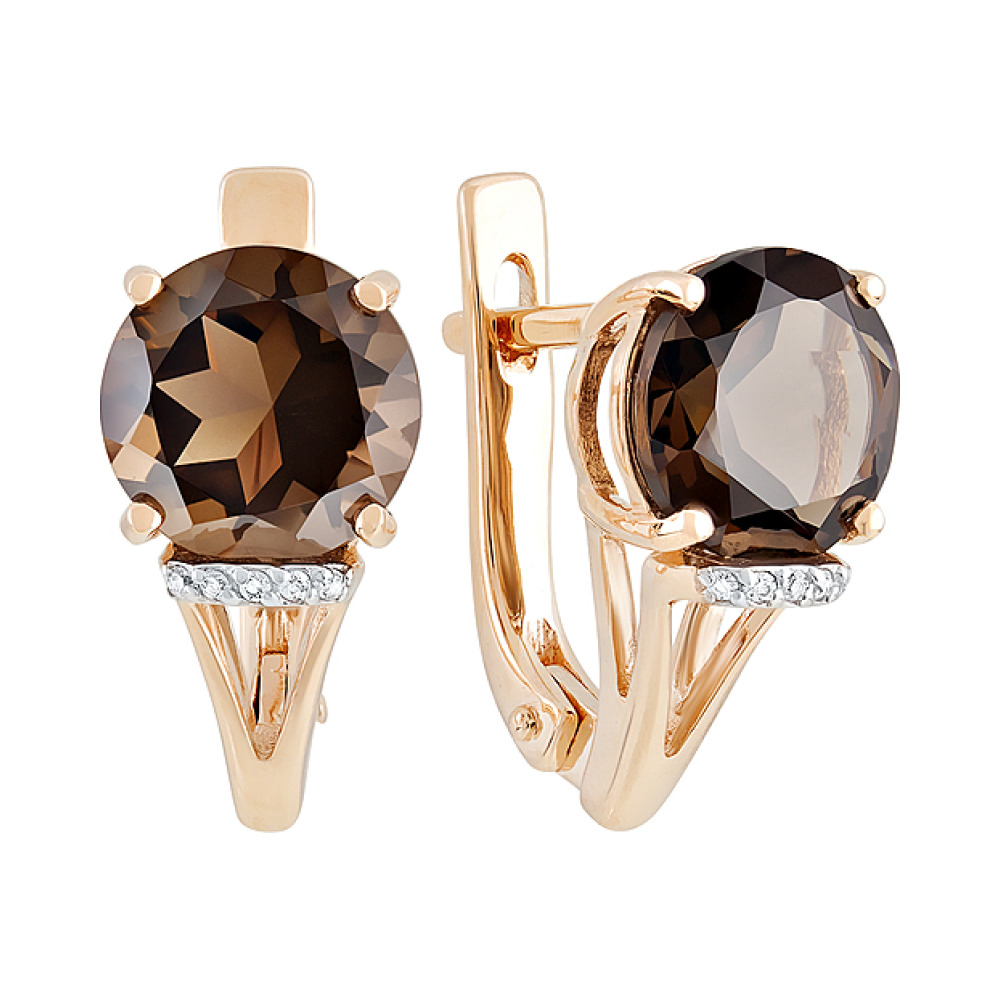 Золотые серьги с раухтопазом и фианитом № 129403