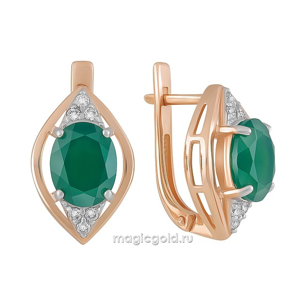 Золотые серьги с зеленым ониксом и фианитом № 133010