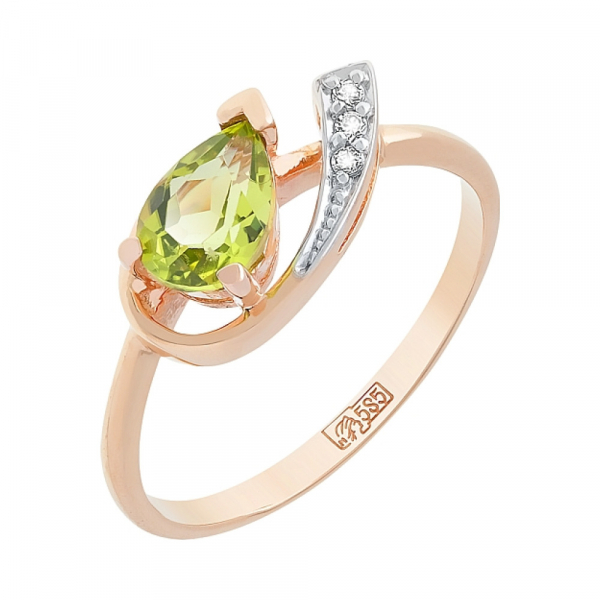 Золотое кольцо с хризолитом и фианитом № 84609