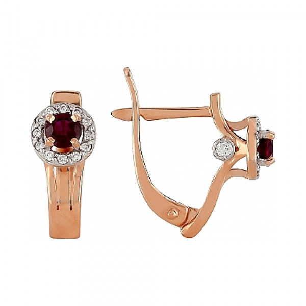 Золотые серьги с бриллиантом и рубином № 84890