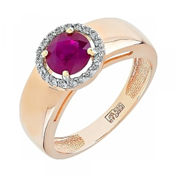 Золотое кольцо с бриллиантом и рубином № 113374