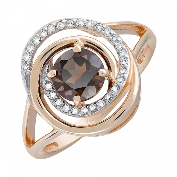 Золотое кольцо с раухтопазом и фианитом № 119390