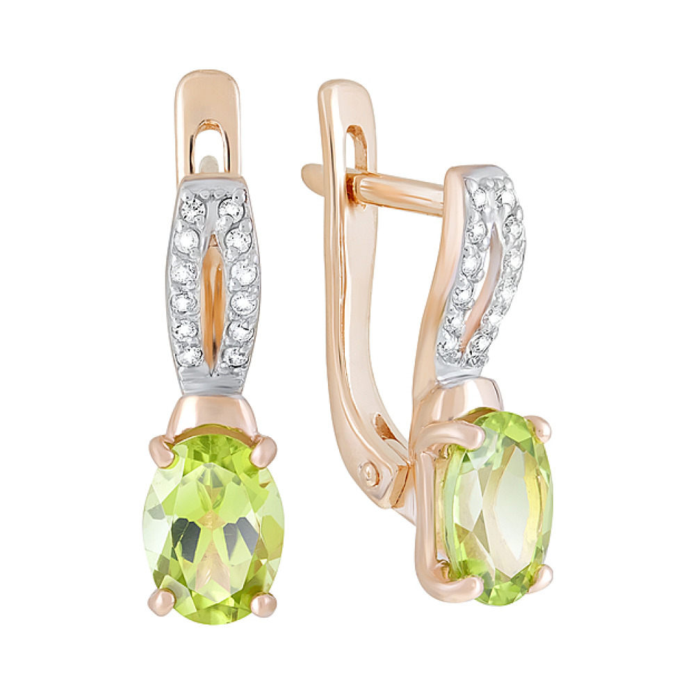 Золотые серьги с хризолитом и фианитом № 122946