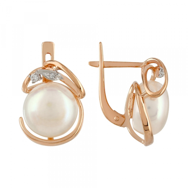 Золотые серьги с жемчугом и фианитом № 107354