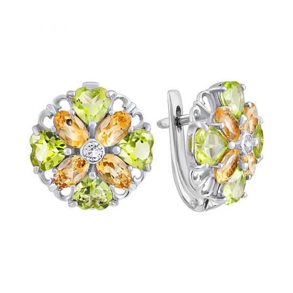 Серебряные серьги с полудрагоценными вставками и фианитом № 131476