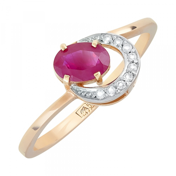 Золотое кольцо с бриллиантом и рубином № 83974