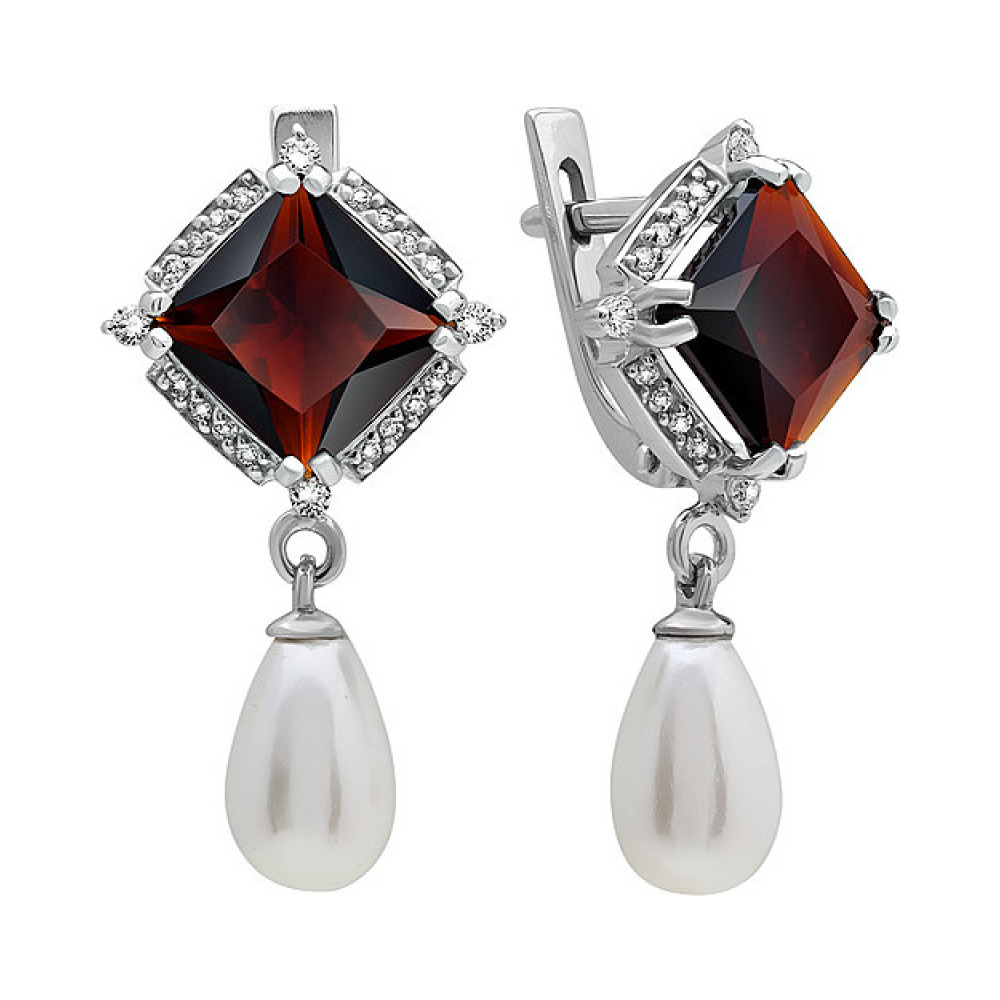 Серебряные серьги с алпанитом, перламутровым жемчугом и фианитом  № 134558