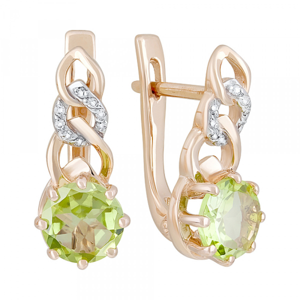 Золотые серьги с хризолитом и фианитом № 126532